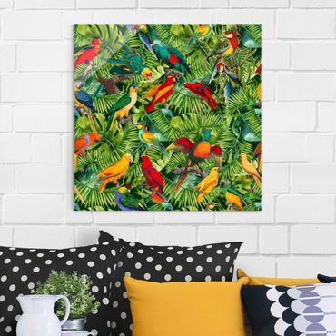 Quadro in vetro - Colorato collage - Parrot In The Jungle - Quadrato 1:1