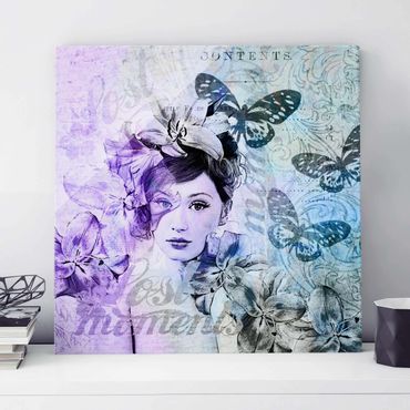 Quadro in vetro - Shabby Chic Collage - Ritratto Con Le Farfalle - Quadrato 1:1