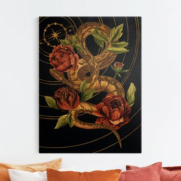 Quadro su tela oro - Serpente con rose in nero e oro IV