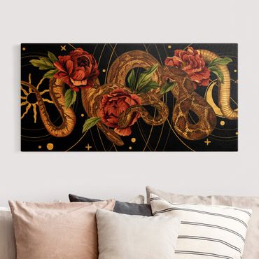 Quadro su tela oro - Serpente con rose su sfondo nero e oro I