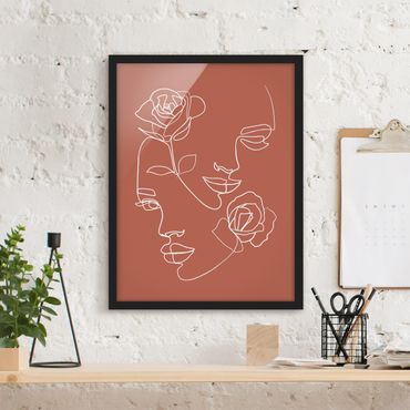 Poster con cornice - Line Art Faces donne Roses rame - Verticale 4:3