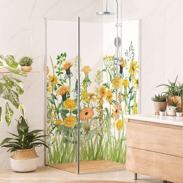 Rivestimento per doccia - Prato fiorito in acquerello giallo