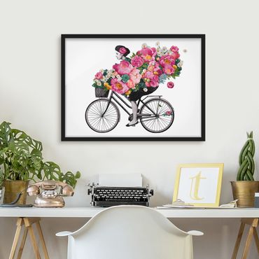 Poster con cornice - Illustrazione Donna in bicicletta Collage fiori variopinti - Orizzontale 3:4