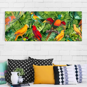 Quadro in vetro - Colorato collage - Parrot In The Jungle - Panoramico