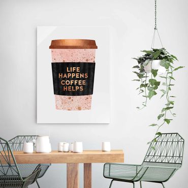 Quadro in vetro - Life Happens caffè aiuta oro - Verticale 4:3