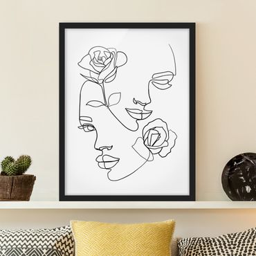 Poster con cornice - Line Art Faces donne Roses Bianco e nero - Verticale 4:3