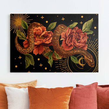 Quadro su tela oro - Serpente con rose su sfondo nero e oro II