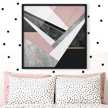 Poster con cornice - Bianco e nero Geometria con oro - Quadrato 1:1