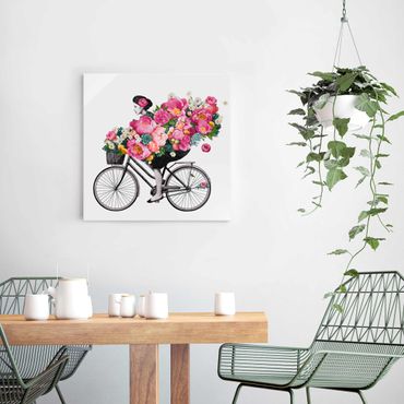 Quadro in vetro - Illustrazione Donna in bicicletta Collage fiori variopinti - Quadrato 1:1
