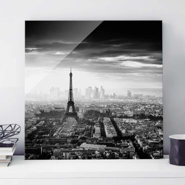 Quadro in vetro - La Torre Eiffel From Above Bianco e nero - Quadrato 1:1