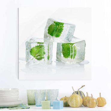 Quadro in vetro - Three Ice Cubes With Lemon Balm - Quadrato 1:1