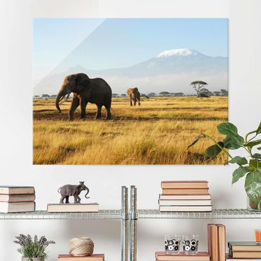 Quadro su vetro Africa - Elephants before Kilimanjaro in Kenya - Orizzontale 4:3