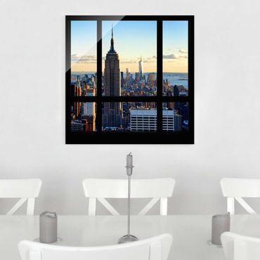 Quadro in vetro - New York window overlooking the Empire State Building - Quadrato 1:1