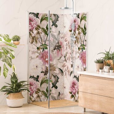 Rivestimento per doccia - Peonie illustrate in rosa chiaro
