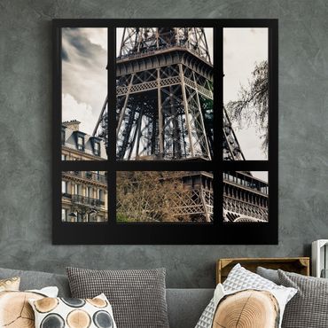 Stampa su tela Window view Paris - Near the Eiffel Tower black and white - Verticale 2:3