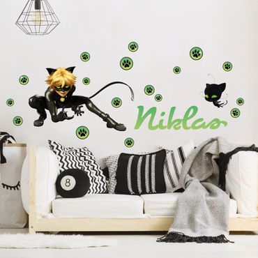 Adesivo murale per bambini - Miraculous Chat Noir con nome personalizzato