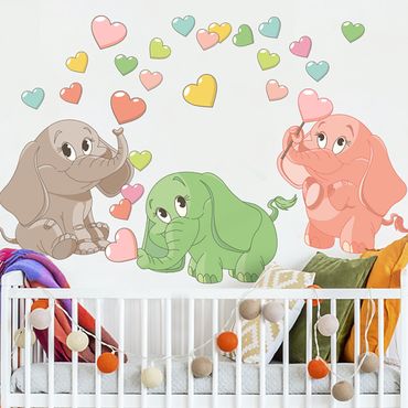 Adesivo murale - Bambini elefanti arcobaleno con cuori colorati
