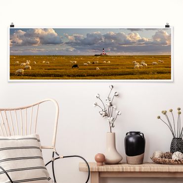 Poster - Mare del Nord Faro con Sheepherd - Panorama formato orizzontale
