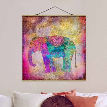 Quadro su tessuto con stecche per poster - Colorato collage - Elefante indiano - Quadrato 1:1