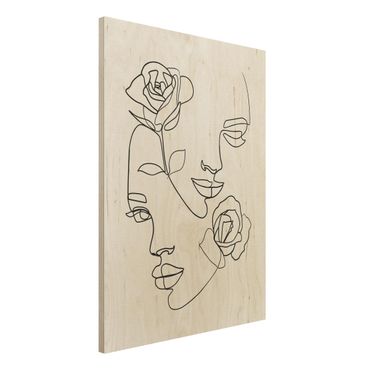 Stampa su legno - Line Art Faces donne Roses Bianco e nero - Verticale 4:3