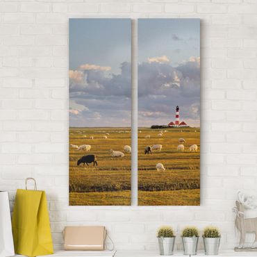 Stampa su tela 2 parti - North Sea lighthouse with sheep herd - Pannello