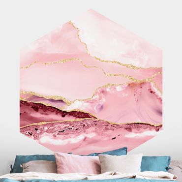 Fotomurale esagonale autoadesivo - Montagne rosa astratte con linee d'oro