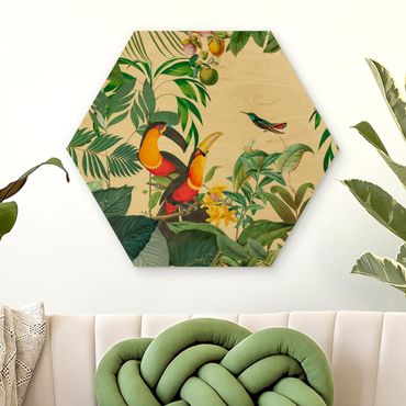 Esagono in legno - Vintage Collage - Birds In The Jungle
