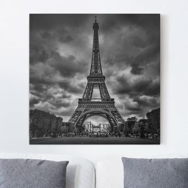 Stampa su tela - Torre Eiffel Davanti Nubi In Bianco e nero - Quadrato 1:1