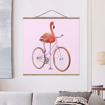 Foto su tessuto da parete con bastone - Flamingo con la bicicletta - Quadrato 1:1