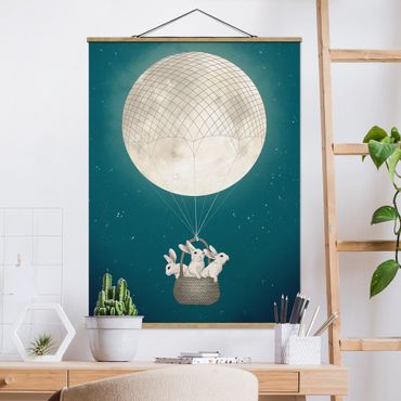 Foto su tessuto da parete con bastone - Laura Graves - Illustrazione Hare Balloon Luna cielo stellato - Verticale 4:3