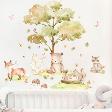 Adesivo murale - Animali della foresta e albero autunnale ad acquerello