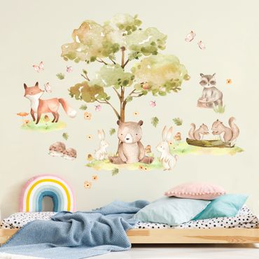 Adesivo murale - Animali della foresta e albero autunnale ad acquerello