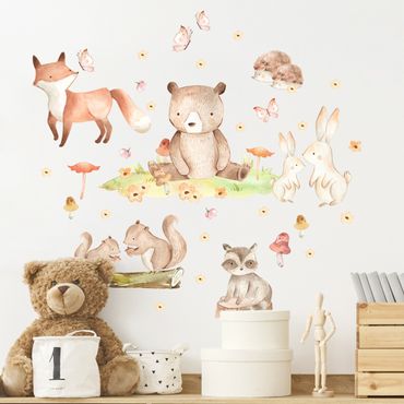Adesivo murale - Animali della foresta con farfalle e fiori ad acquerello
