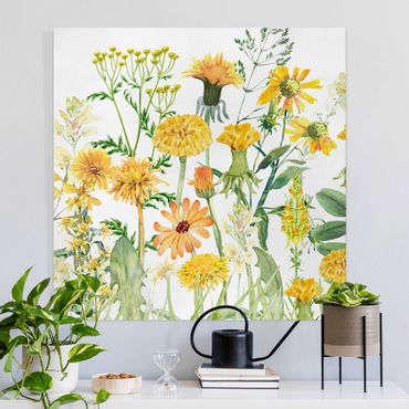 Stampa su tela - Prato fiorito in acquerello giallo - Quadrato 1x1
