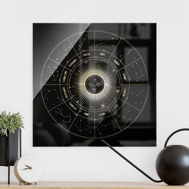 Quadro in vetro - Astrologia segni zodiacali in cerchio solare in nero - Quadrato