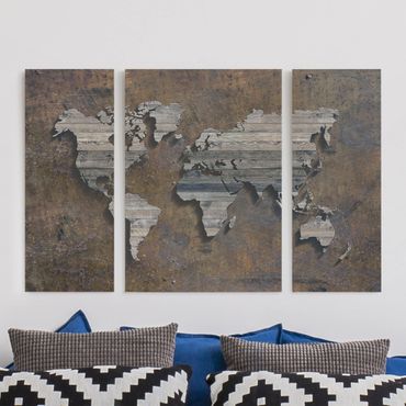 Stampa su tela 3 parti - Wooden grid world map - Trittico
