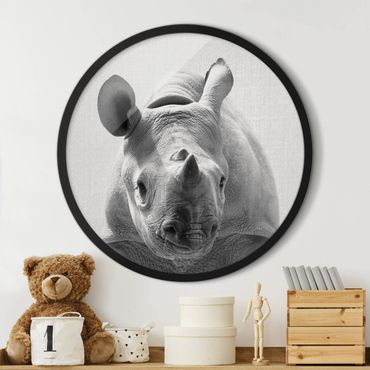 Quadro rotondo incorniciato - Piccolo rinoceronte Nina in bianco e nero