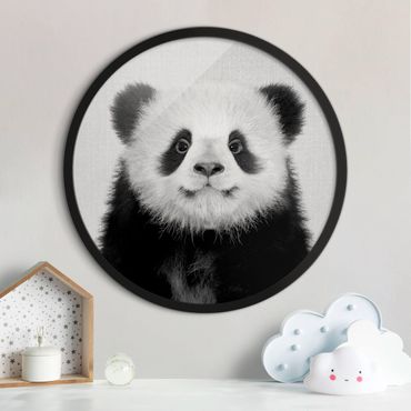 Quadro rotondo incorniciato - Piccolo panda Prian in bianco e nero