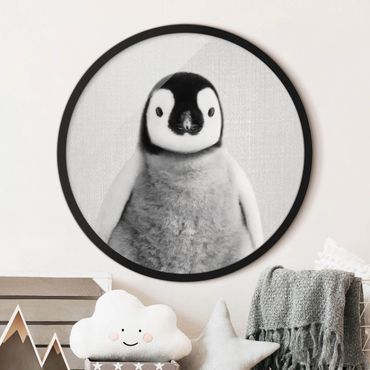 Quadro rotondo incorniciato - Piccolo pinguino Pepe in bianco e nero