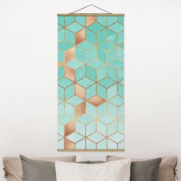 Quadro su tessuto con stecche per poster - Elisabeth Fredriksson - Turchese Bianco d'oro Geometria - Verticale 2:1