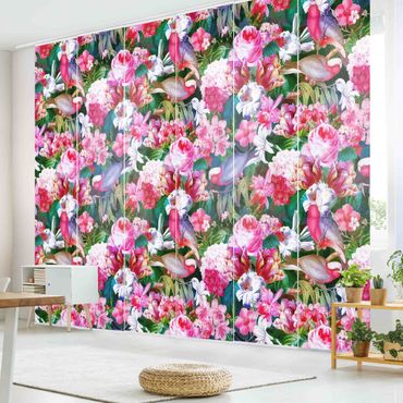 Tende scorrevoli set - Tropicali variopinti fiori con uccelli rosa - 6 Pannelli