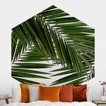 Carta da parati esagonale adesiva con disegni - Scorcio tra foglie di palme verdi