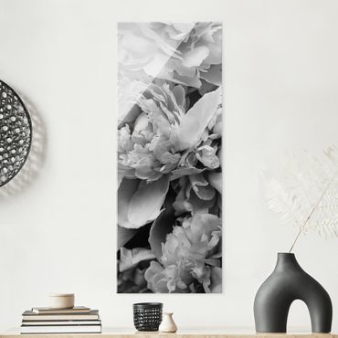 Quadro in vetro - Peonie in fiore bianco e nero - Formato verticale