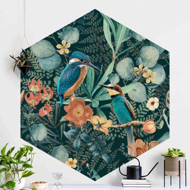 Carta da parati esagonale adesiva con disegni - Paradiso floreale con colibrì e martin pescatore