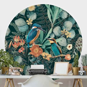 Carta da parati rotonda autoadesiva - Floral Kingfisher paradiso e Hummingbird