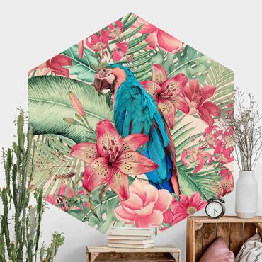 Carta da parati esagonale adesiva con disegni - Paradiso floreale con pappagallo tropicale