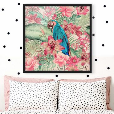 Poster con cornice - Paradiso floreale con pappagallo tropicale