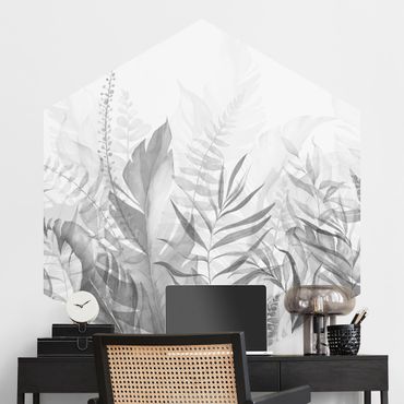 Fotomurale esagonale autoadesivo - Botanica - Foglie tropicali in grigio