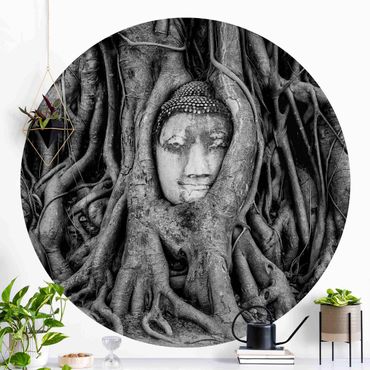 Carta da parati rotonda autoadesiva - Buddha in Ayutthaya dalle radici degli alberi allineati in bianco e nero