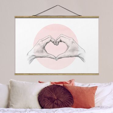 Foto su tessuto da parete con bastone - Laura Graves - Illustrazione Cuore cerchio mani Rosa Bianco - Orizzontale 2:3